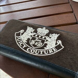 Juicy Couture Brown Suede and Black Leather Zip Wallet with White Crest